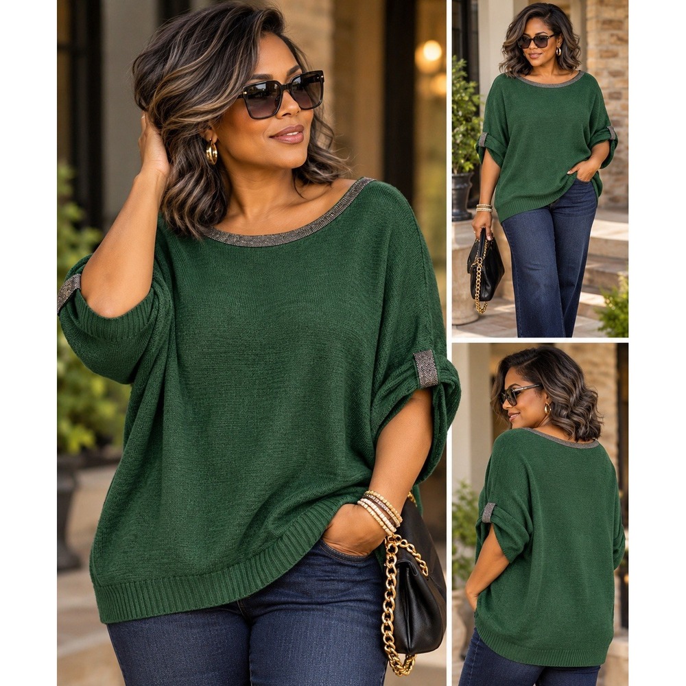 Chico's Size 1 M Green Knit Sweater Top Metallic Trim Rolled Sleeve Tunic